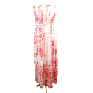 Red Haute Maxi Dress Pink Tie Dye Bohemian Silk Strapless‎ Layered Flowey